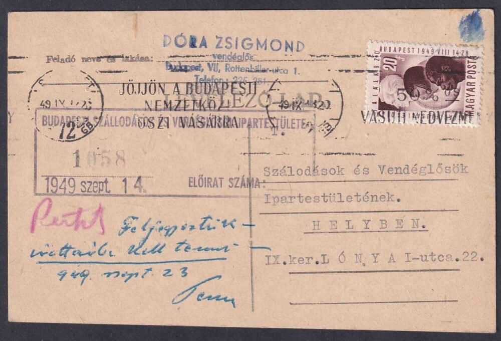 1949. Budapest, helyi céges levelezőlap, reklám bélyegzéssel és jobb bérmentesítéssel