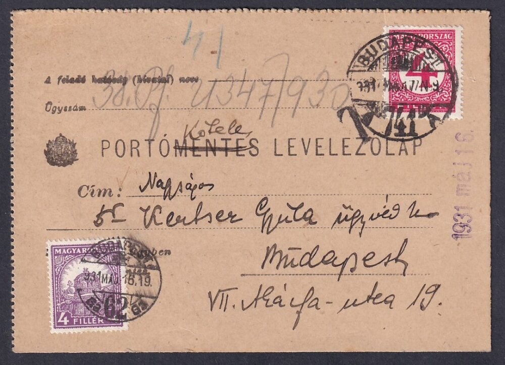 1931. portóköteles levelezőlap, érdekes típus!