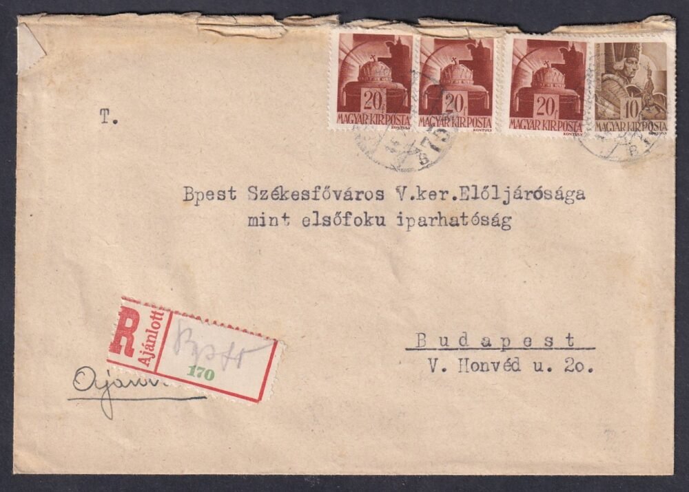 1944. Budapest, helyben feladott ajánlott levél, Biankó-ragjegy felhasználásával.