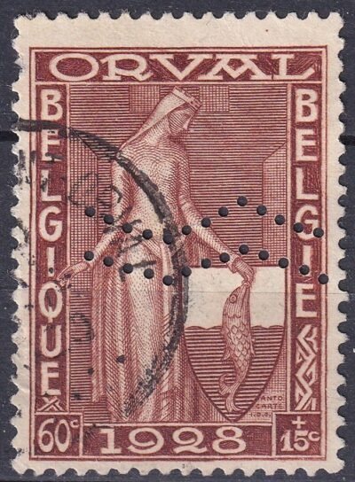 1928. Belgium, Orval 60c *szimból* perfin bélyeg (használt bélyeg katalógus ára: 70 euró)