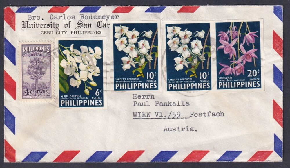 196?. Fülöp szigetek, Ausztriába feladott ajánlott-légiposta levél -vágott orhidea bélyegekkel