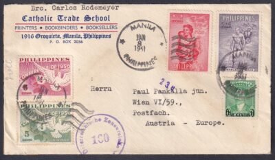 1956. Fülöp szigetek, Ausztriába feladott ajánlott cenzúrázott levél - Karácsonyi levélzáró bélyegekkel