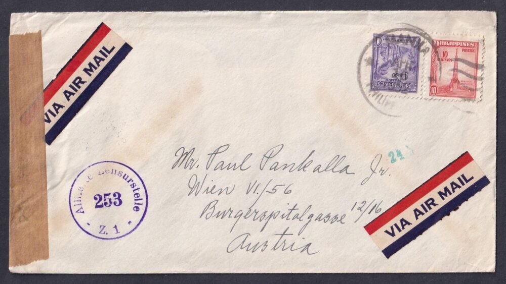 1952. Fülöp szigetek, Ausztriába feladott cenzúrázott-légiposta levél