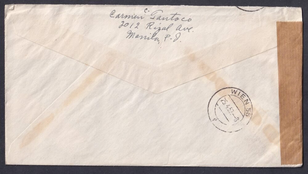1952. Fülöp szigetek, Ausztriába feladott cenzúrázott-légiposta levél
