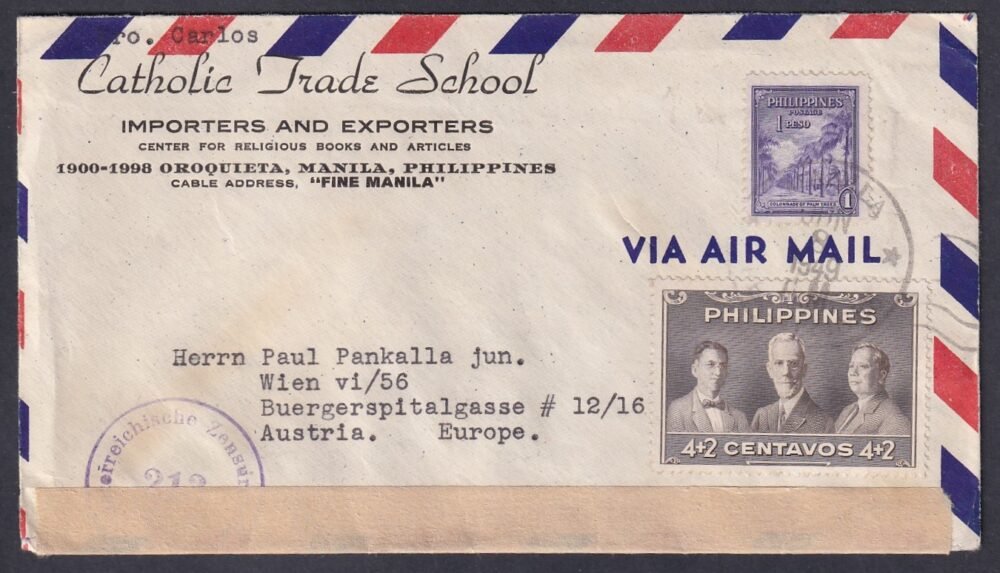 1949. Fülöp szigetek, Ausztriába feladott cenzúrűzott-légiposta levél