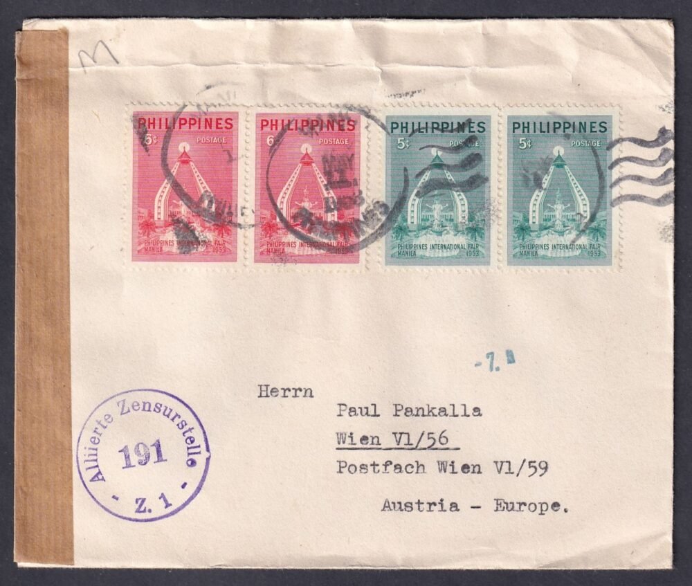 1953. Fülöp-szigetek, Ausztriába feladott cenzúrázott levél