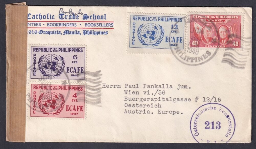 1948. Fülöp szigetek, Ausztriába feladott cenzúrázott-légiposta levél
