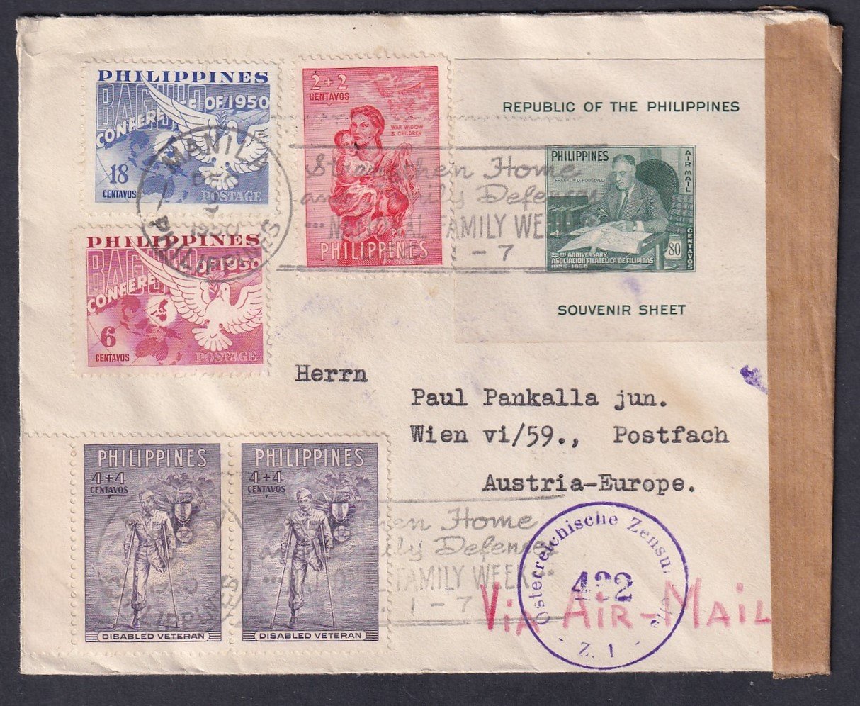 1951. Fülöp szigetek, Ausztriába feladott cenzúrázott-légiposta levél