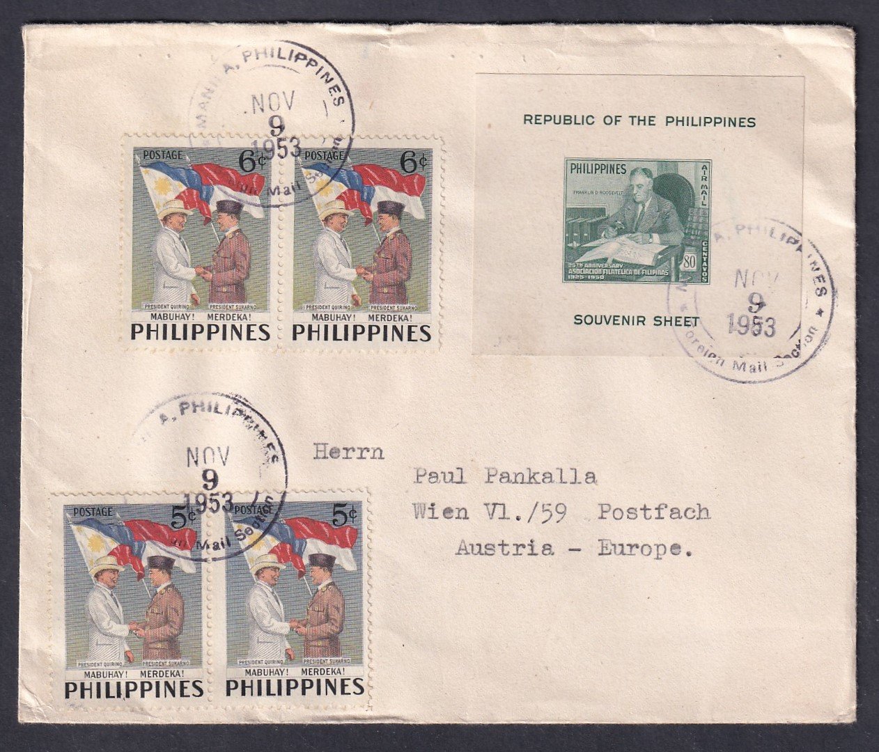 1953. Fülöp szigetek, Ausztriába feladott légiposta levél