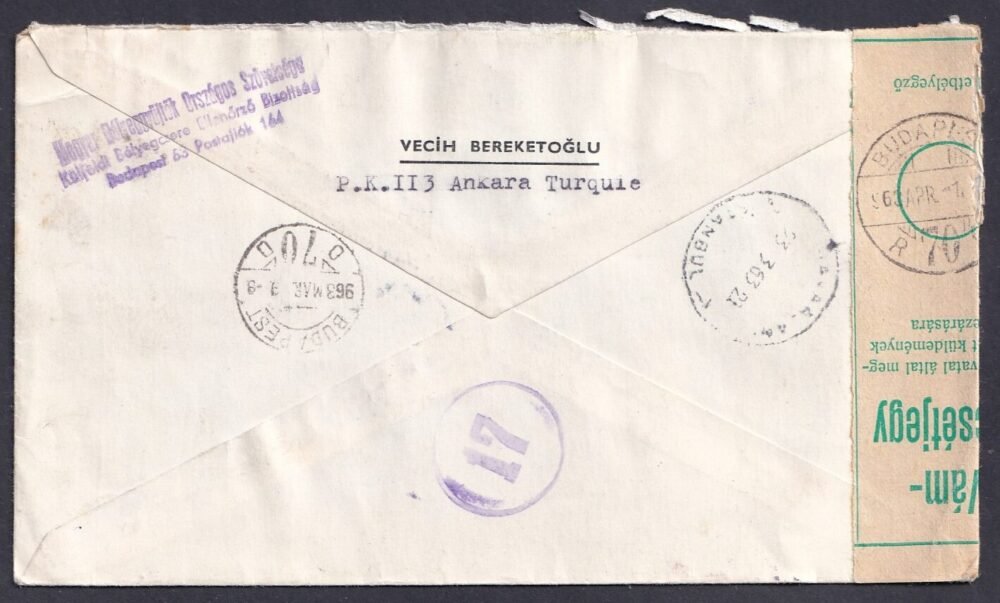 1963. Törökország, Magyarorszgára feladott legiposta levél - vámkezeléssel