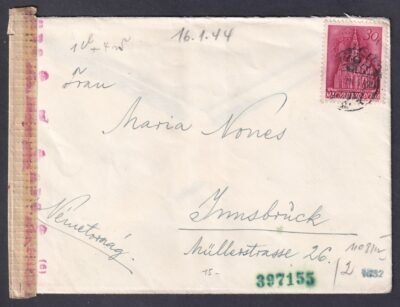 1944. Győr, Innsbruckba feladott cenzúrázott levél