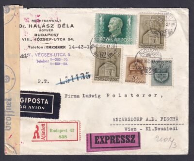 1942. Budapest, Bécsbe légipostán feladott, cenzúrázott expressz-ajánlott levél.