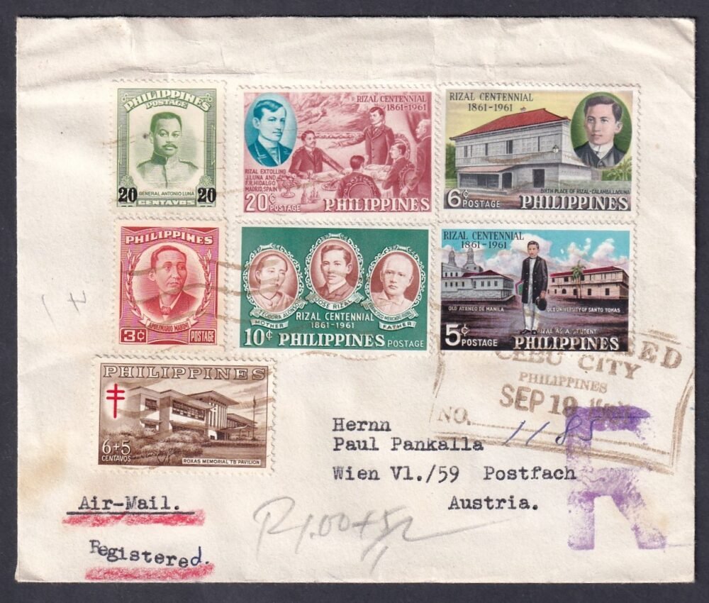 1961. Fülöp-szigetek, Ausztriába légipostán feladott ajánlott levél