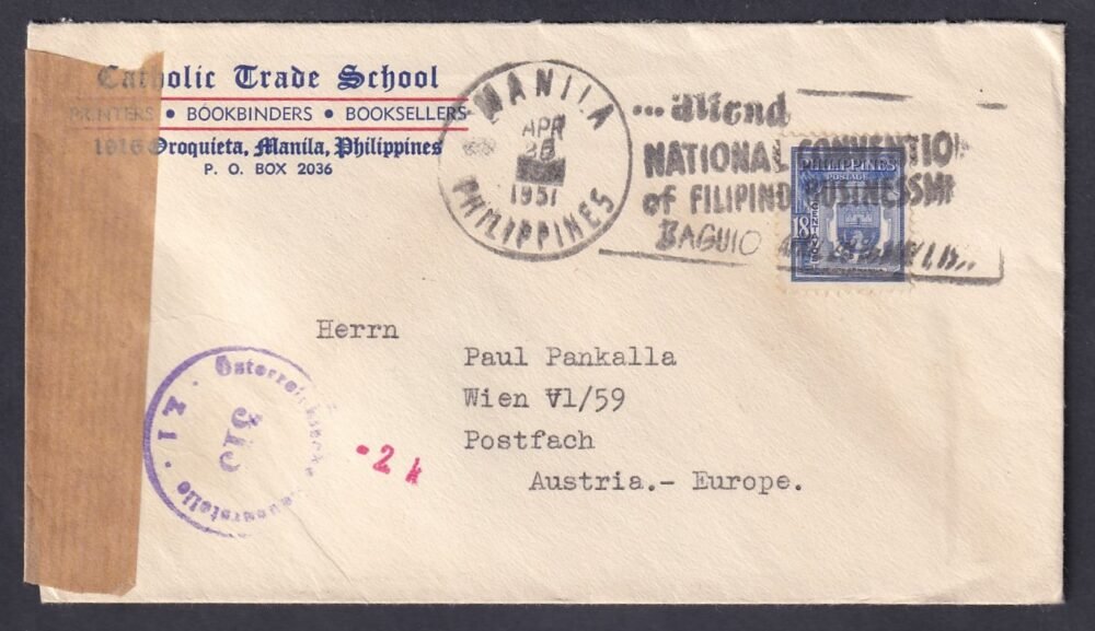 1951. Fülöp-szigetek, Ausztriába feladott cenzúrázott levél