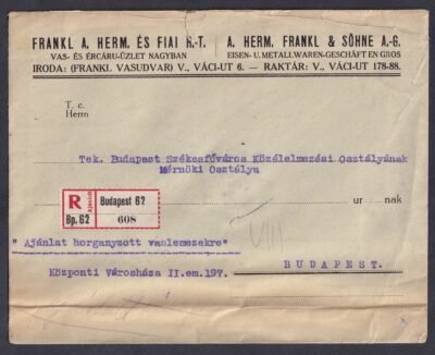 1926. Budapest, helyben feladott céges ajánlott levél