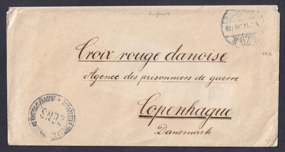 1917. Budapest/62 (kék) bélyegzéssel, Dán Vöröskereszt Hadifoglyok ügynöksége Koppenhága-ba feladott cenzúrázott levél