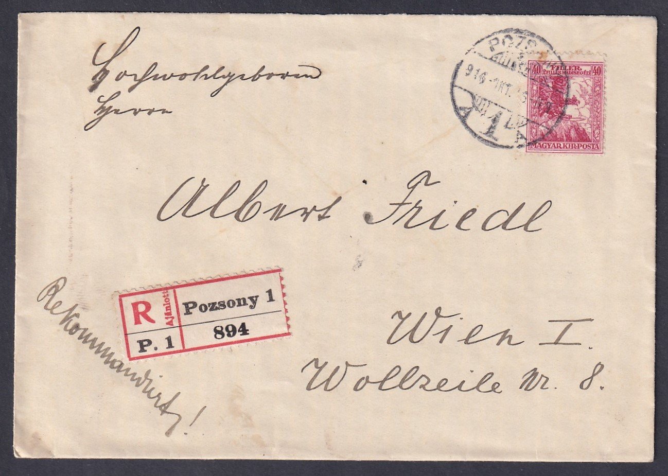 IMG_20250526_0016 1914. Pozsony, Bécsbe feladott ajánlott levél, ritkább Hadisegély III. 40 f egyes bérmentesítés