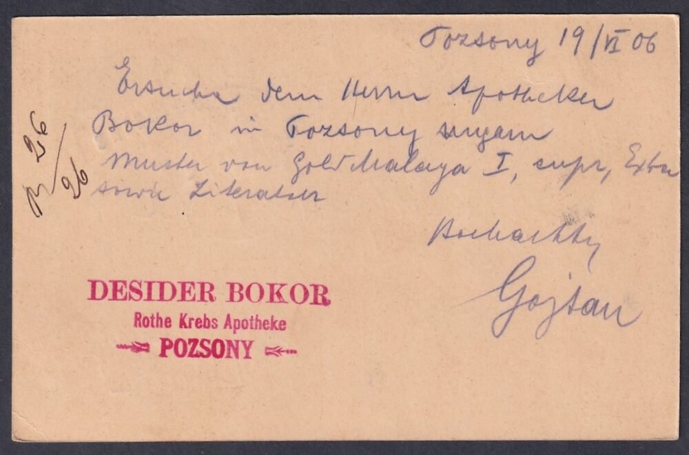 1906. Pozsony, Lenzburg (Svájc)-ba feladott levelezőlap