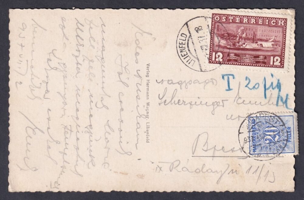 1937. Lilienfeld (Ausztria) Budapestre feladott képeslap, 20 fillér portóval