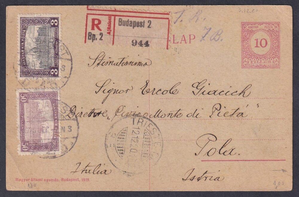 1920. 12. 20. Budapest, Köztársaság kiadású levelezőlap Pola, ekkor Olasz Királyság Provincia dell’Istria (Isztriai megye) -be feladott ajánlott levelezőlap