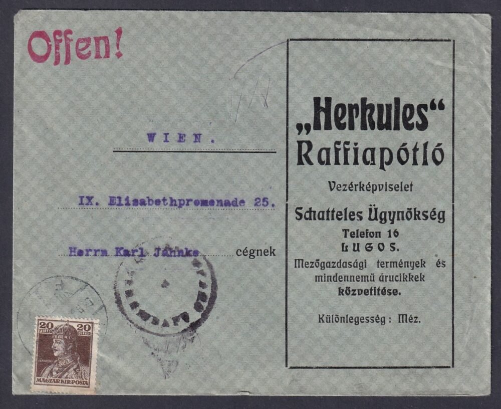 1919. Bécsbe feladott nyomtatvány küldemény, dekoratív céges boríték, IV. Károly bélyeggel