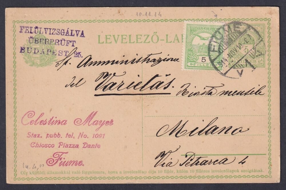 1914. Fiune, Milánó (Olasz Királyság)-ba feladott levelező lap, reklám bélyegzéssel - PIZZA reklám!