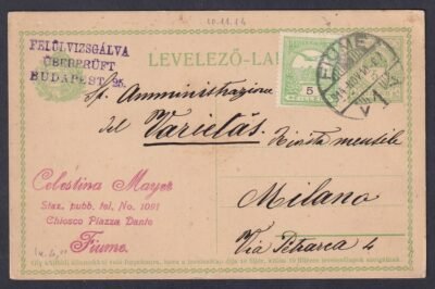 1914. Fiune, Milánó (Olasz Királyság)-ba feladott levelező lap, reklám bélyegzéssel - PIZZA reklám!