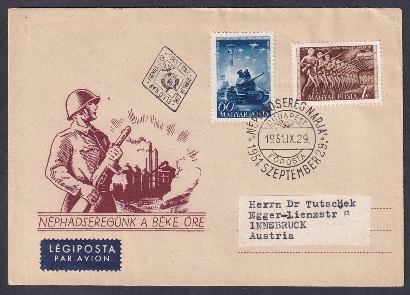 1951. Néphadsereg vapja pár FDC, Innsbruckba feladott levélen