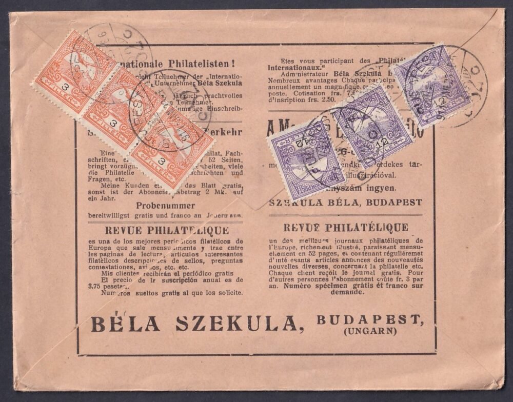 1911. Bécsbe küldött ajánlott levél, Szekula Béla bélyegkereskedésének díszes borítékjában - "szokásos" érdekes bérmentesítéssel
