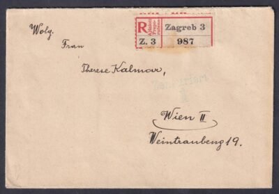 1915. Zágráb, Bécsbe feladott ajánlott levél, magyar–horvát nyelvű ragjeggyel és többes, vegyes díjlerovás, feláras Turul-bélyegekkel.