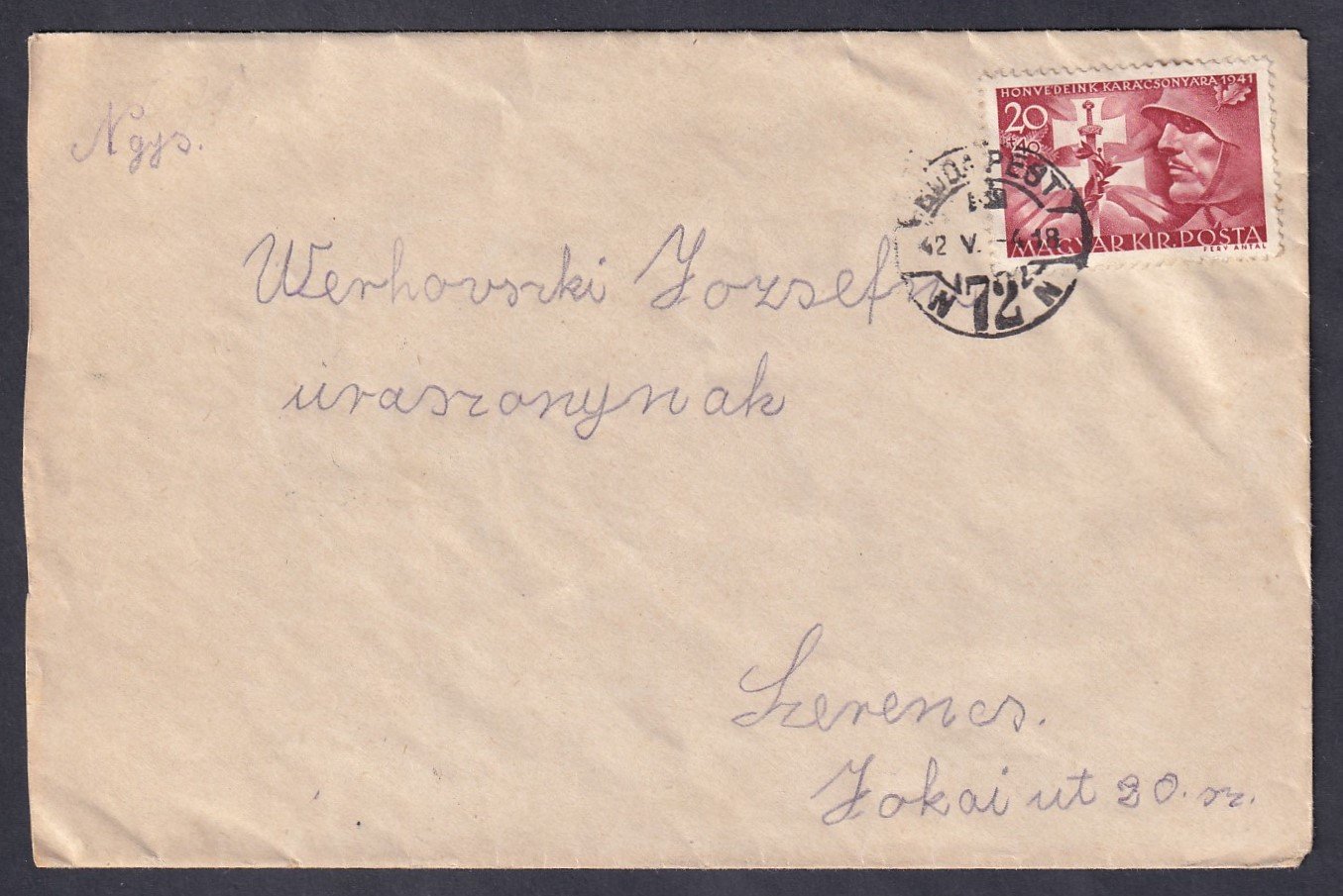 1942. Budapest, Szerencsre feladott levél