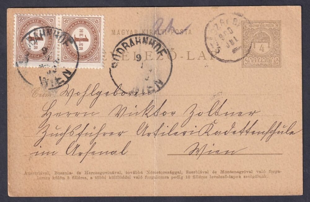 1900. SZÁSZSEBES, Bécsbe feladott levelezőlap 1+1 Heller portóval