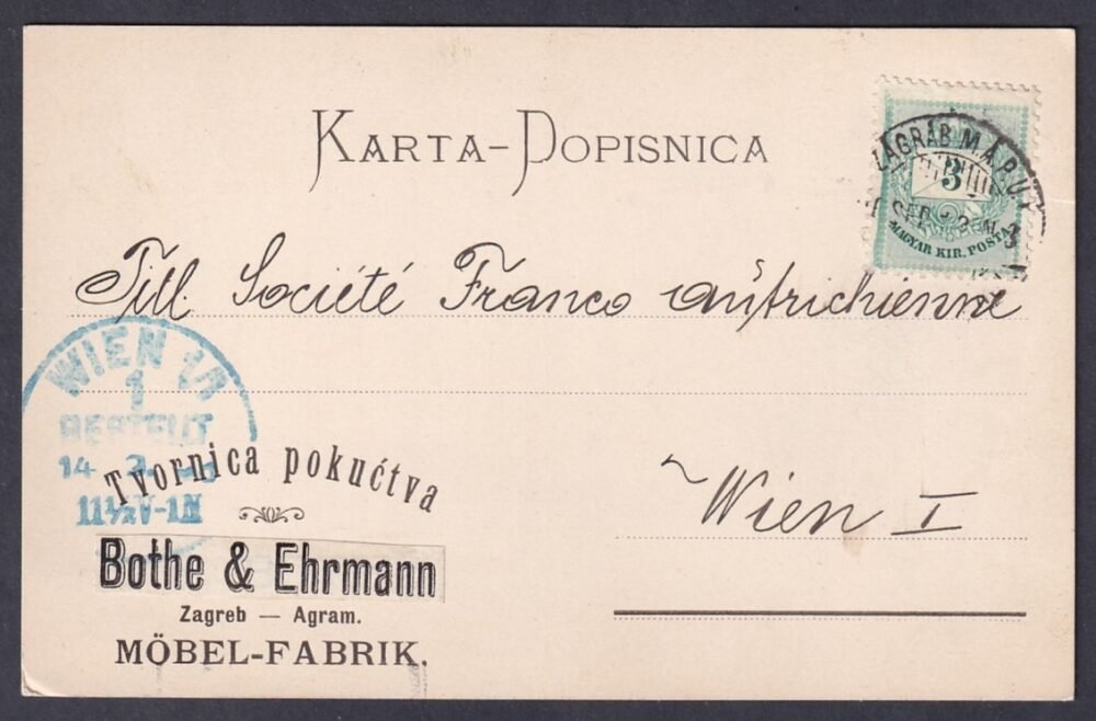 1896. Zágráb, Bécsbe feladott lcéges levelezőlap, 3 krajcároson elkent gyöngysor