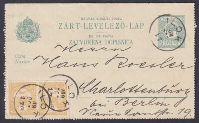 1909. ILOK, Berlinbe feladott magyar-horvát nyelvű Zárt-Levelező-Lap