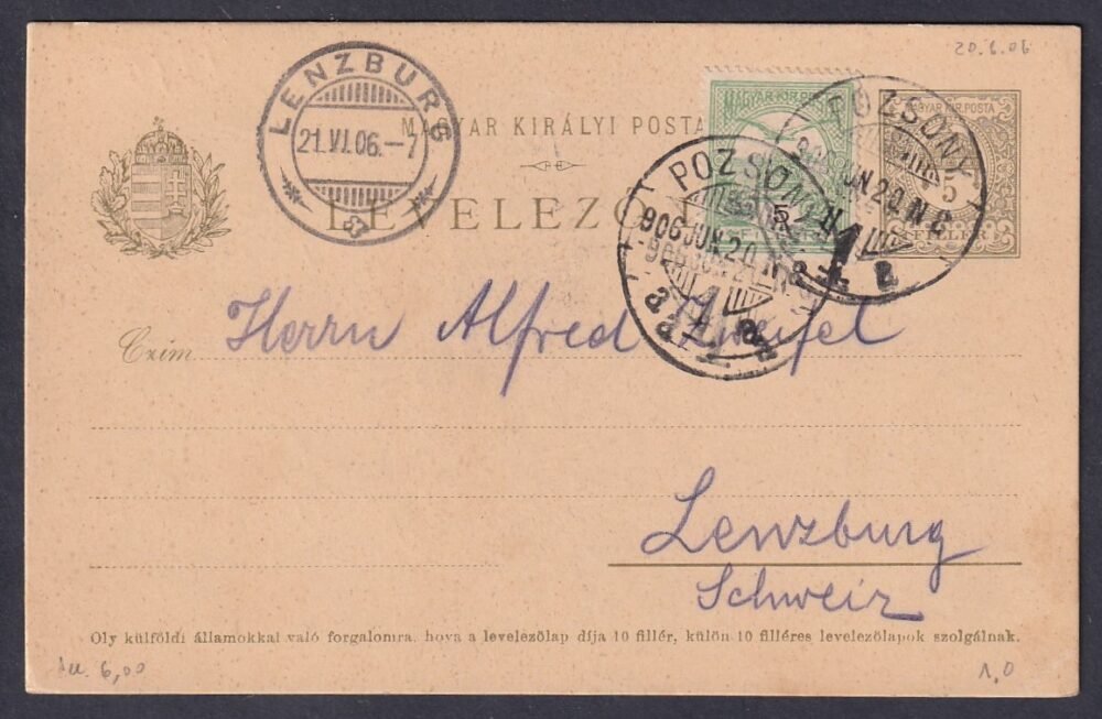 1906. Pozsony, Lenzburg (Svájc)-ba feladott levelezőlap