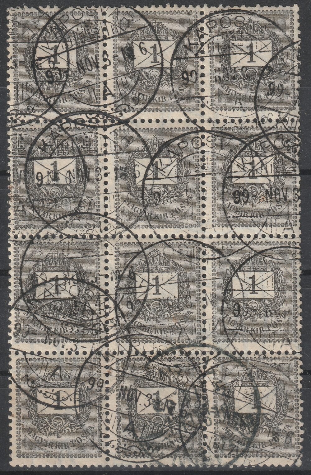 1898. Feketeszámú 1 kr szürkésfekete, 12 db tömbben - Kaposvár