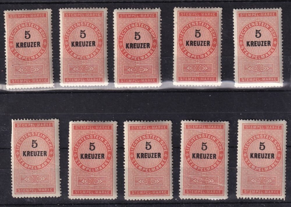 1894. Liechtenstein 5 Kr Illeték bélyegek, nagyon magas katalógusár!