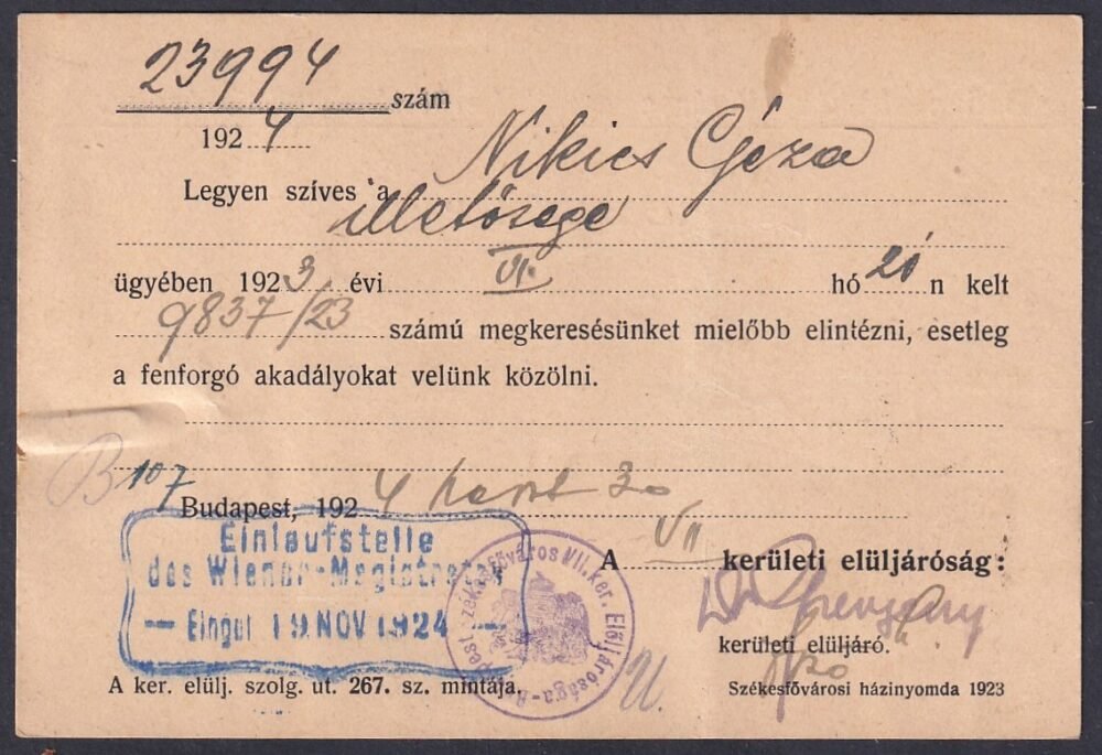 1924. Budapest, Bécsbe feladott levelezőlap