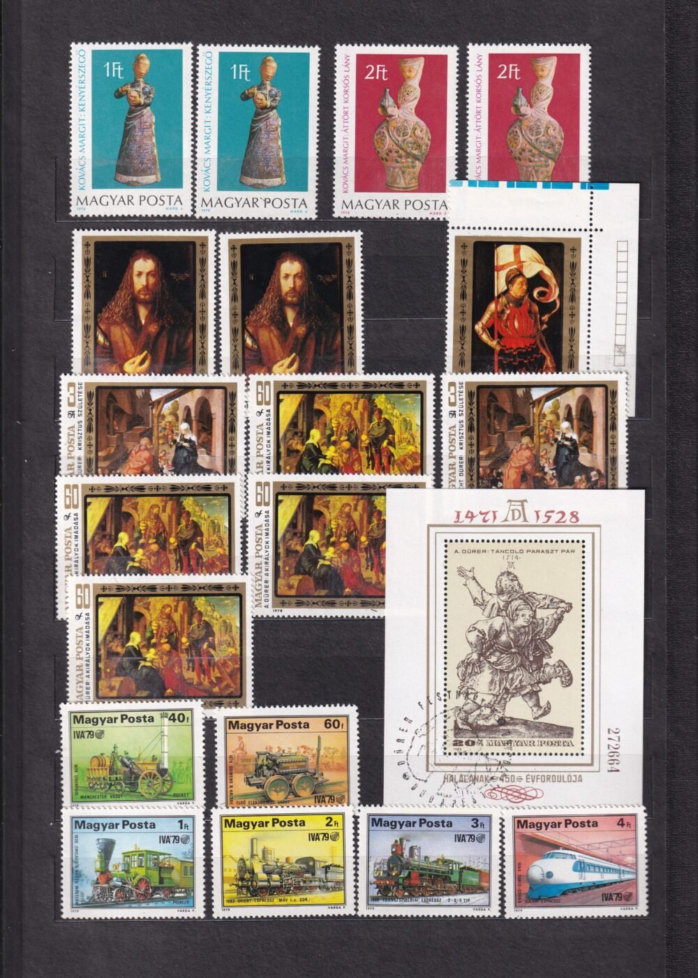 12 lapos berakó (vastag fekete lapokkal), magyar postatiszta bélyegekkel