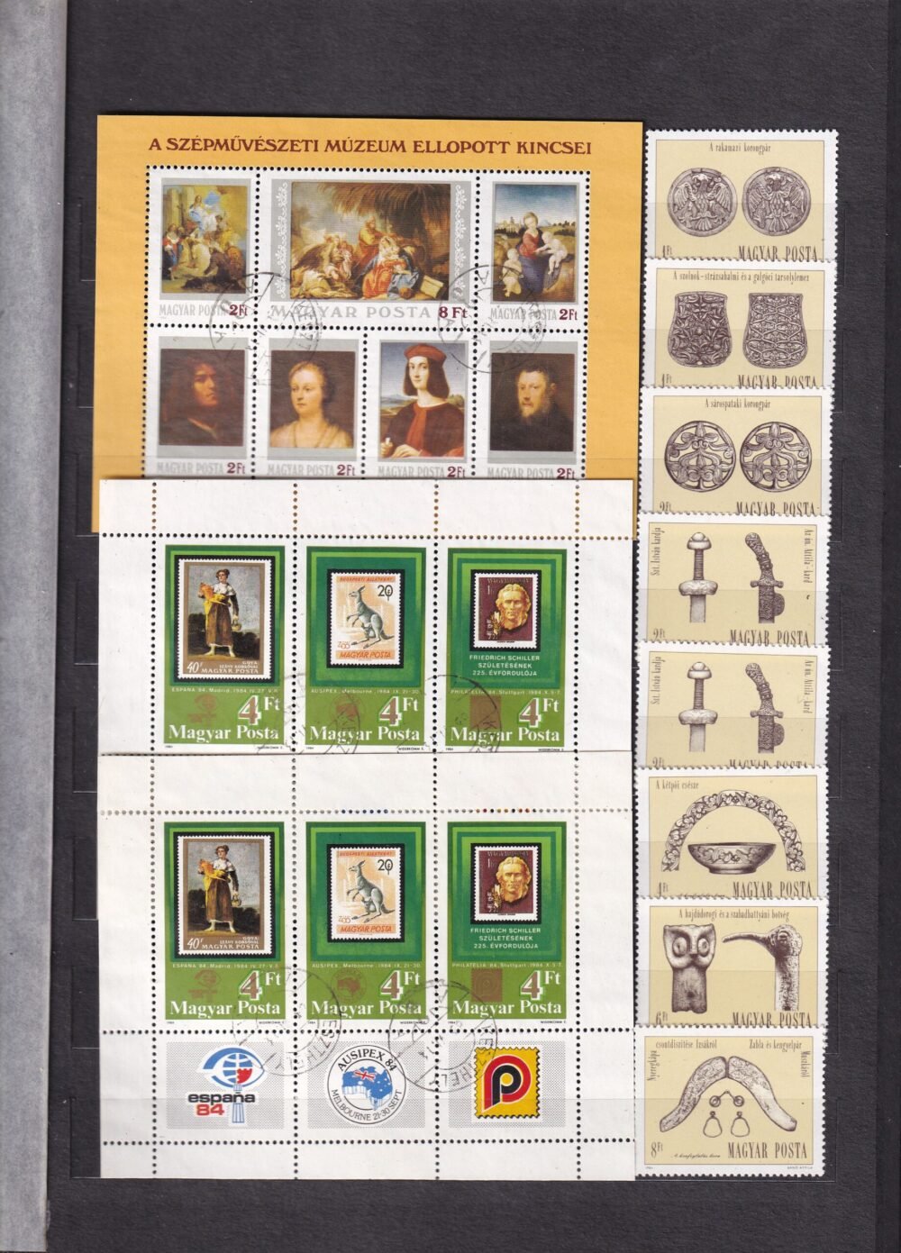 12 lapos berakó (vastag fekete lapokkal), magyar postatiszta bélyegekkel