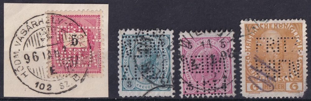 *FRITZ/WIEN* perfin bélyeg - G&R Fritz-Petzold & Süss A.G. (Wien). Magyarországon is használt perfint Lente csak a turulos bélyegeknél említi, ott is 300 pontot ad. Krajcáros bélyegen az ?(R)