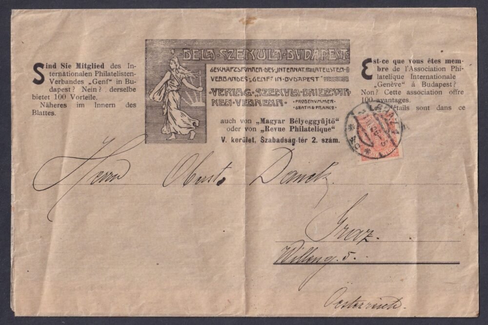 1906. Grazba feladott „Szekula Budapest” újságszalag érdekessége, GRAZ (Ausztria) érkezési bélyegzéssel