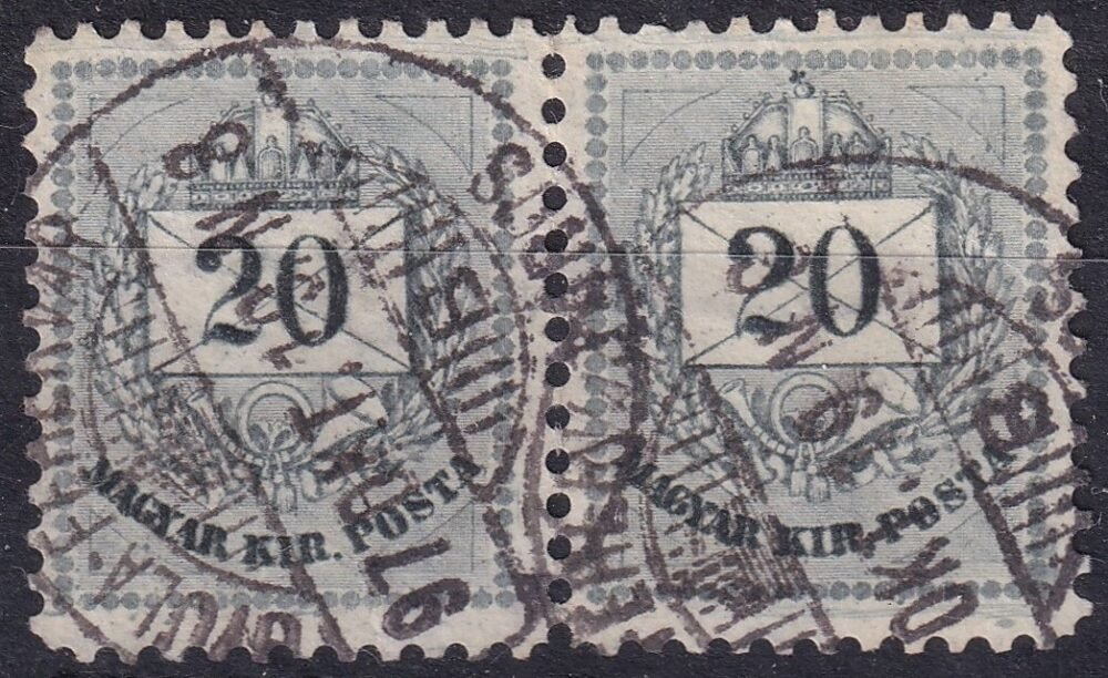 1881. 20 kr pár a felső bélyegközbe varratvonal