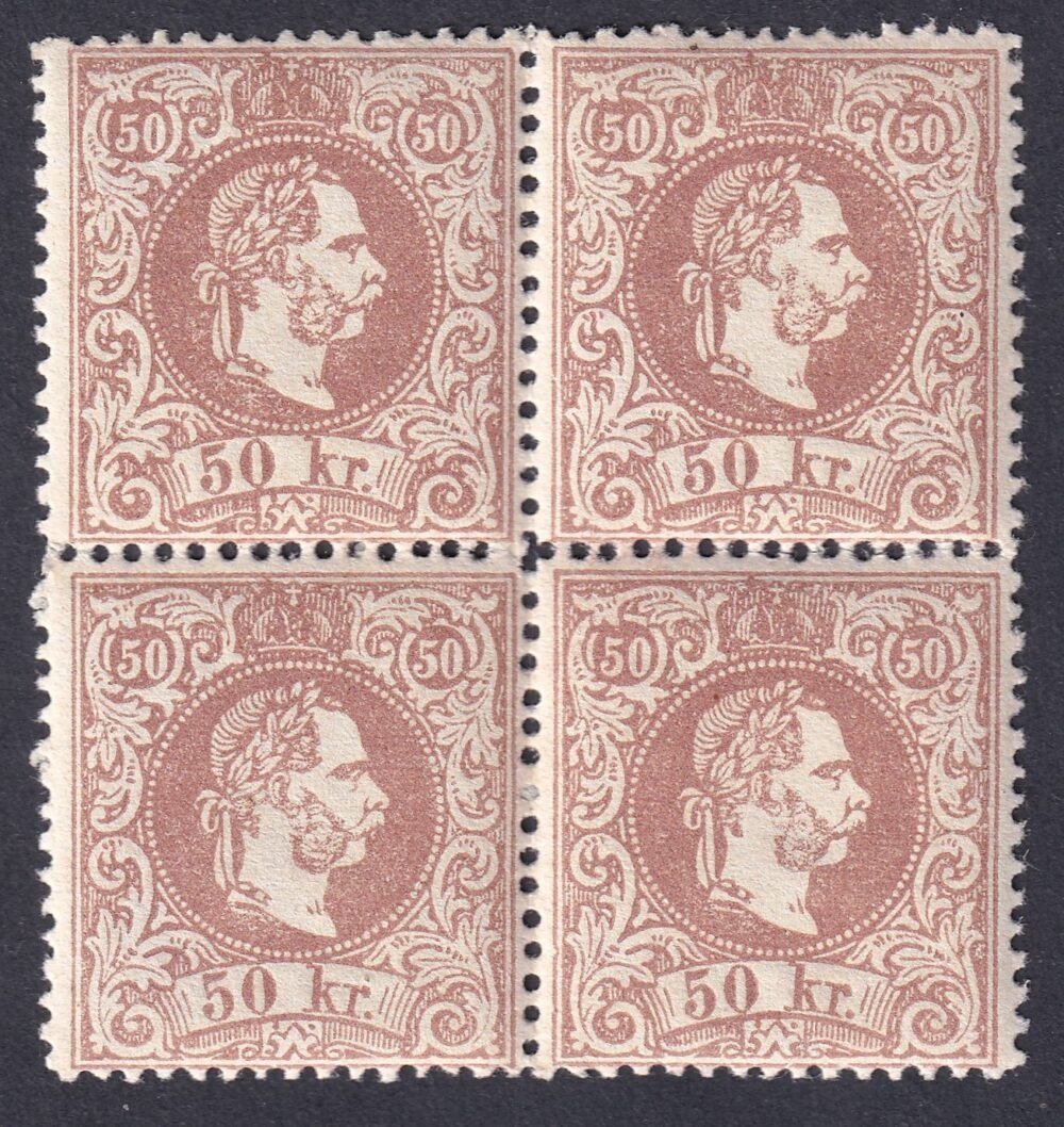 1867. 50 kr durvanyomat barna négyestömb (ANK 41 I.a) - Ferchenbauer tanusítvánnyal, rendkivül ritka darab!