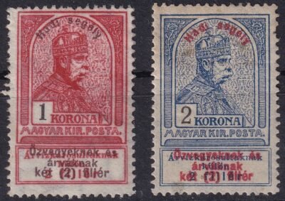 1914. Hadisegély II. 1+2 Korona, falcos (az 1 Koronán alig látható falcnyom)