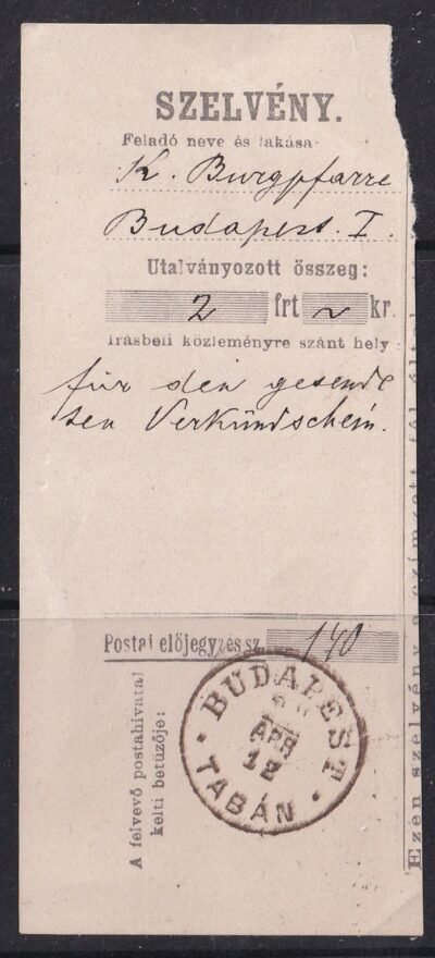 1893. Posta Utalvány szelvény - BUDAPEST / TABÁN bélyegzéssel