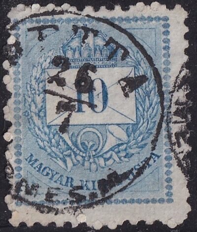 1881. 10 kr, durva metszetjavítás a jobb-felső háromszögbe
