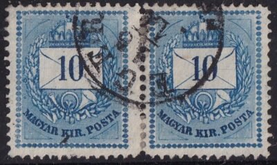 1874. 10 kr párban- sötétkék szín (éjkék) - gyöngykeret DURVA javítással