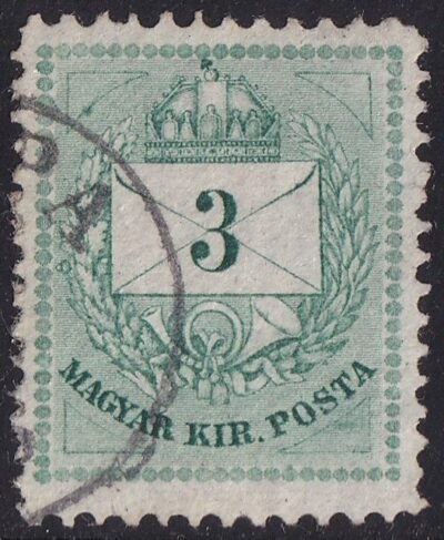 1874. Színesszámú 3 kr 13-as fogazással - balra fent és kezdődő lemezkitöréssel a jobb alsó áromszögben!