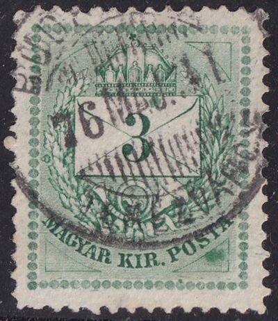 1874. Színesszámú 3 kr 13-as fogazással - látványos lemezkitöréssel